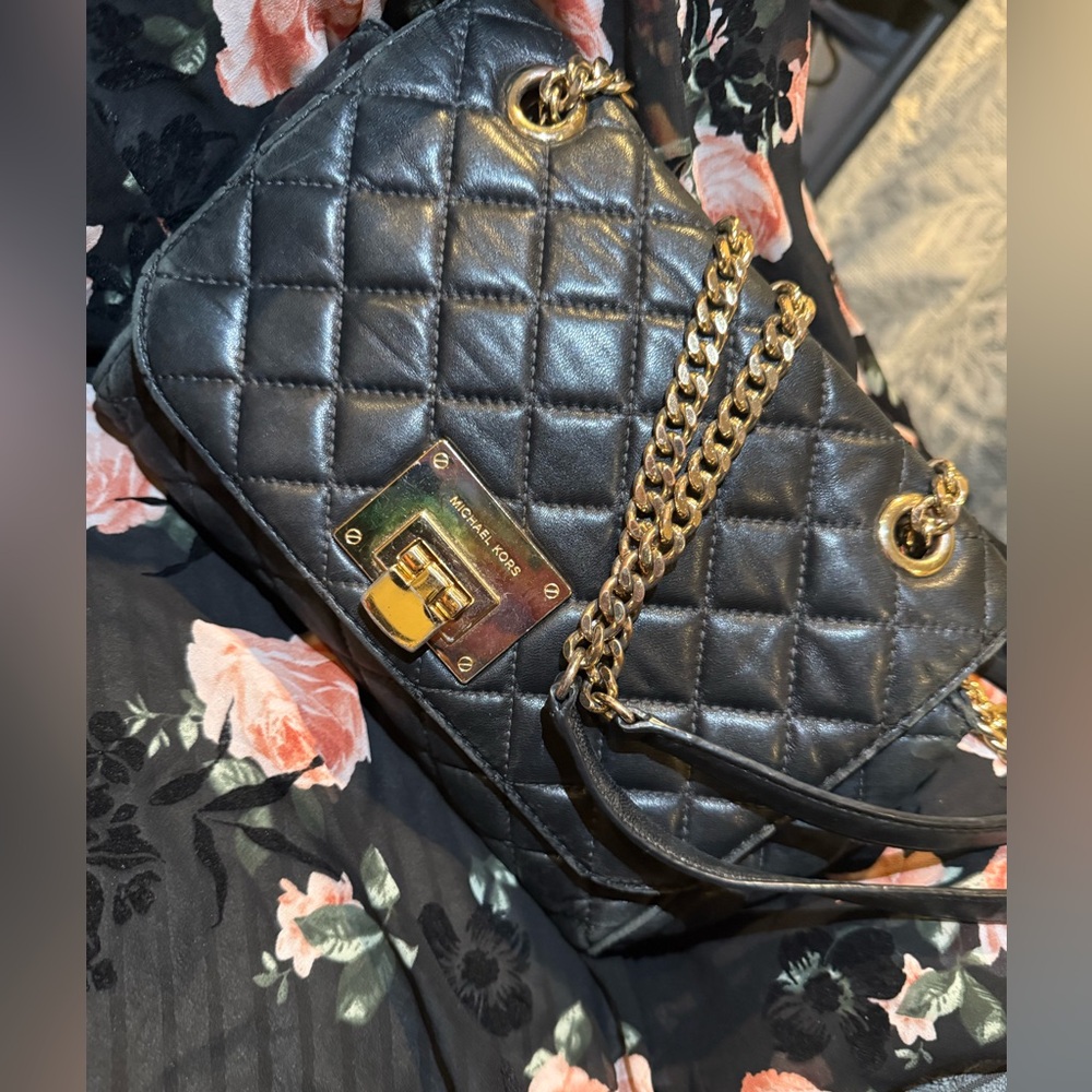 Michael Kors Black Quilted Shoulder Bag with Gold Chain